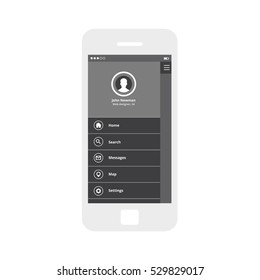 Mobile app single screen ui kit. Sidebar profile menu screen.
