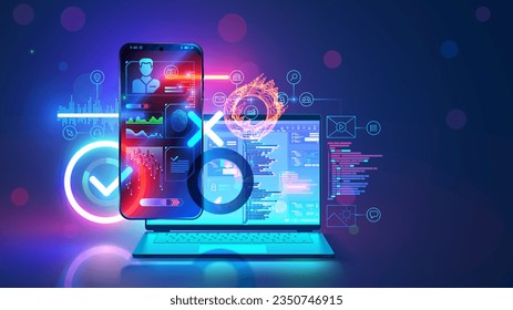 Mobile app software develop. Web design concept. Web design elements on layout website on screen phone. Programming mobile internet page. Website template on laptop. Computer Technology Banner.