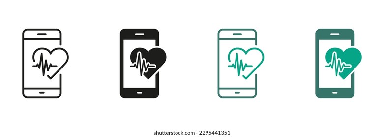 Mobile App for Sport Black and Color Pictogram. Heartbeat Rate in Digital Smart Phone Symbol Collection. Smartphone for Heart Pulse Control Line and Silhouette Icon Set. Isolated Vector Illustration.