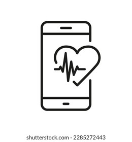 Mobile App for Sport Pictogram. Heartbeat Rate in Digital Smart Phone Outline Icon. Smartphone for Heart Pulse Control Line Icon. Health Technology. Editable Stroke. Isolated Vector Illustration.