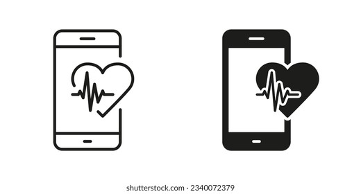 Mobile App for Sport Pictogram. Smartphone for Heart Pulse Control Line and Silhouette Black Icon Set. Heartbeat Rate in Digital Smart Phone Symbol Collection. Isolated Vector Illustration.