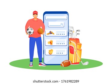 Mobile app for sportswear flat concept vector illustration. Shop for footwear and uniform. Sportsman 2D cartoon character for web design. Online store to buy sport equipment creative idea