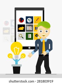 Concepto de la idea de inicio de aplicaciones móviles. Joven empresario que muestra una planta creciente de bombillas. Ilustración del vector