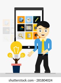 Mobile app startup idea concept. Young businessman showing growing plant of light bulbs. Vector illustration