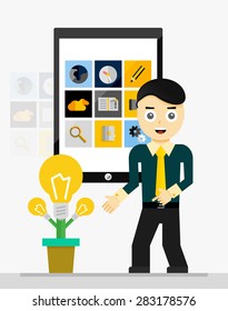 Mobile app startup idea concept. Young businessman showing growing plant of light bulbs. Vector illustration