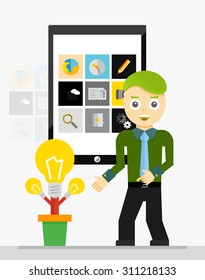 Concepto de la idea de inicio de aplicaciones móviles. Joven empresario que muestra una planta creciente de bombillas. Ilustración del vector
