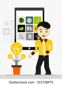 Concepto de la idea de inicio de aplicaciones móviles. Joven empresario que muestra una planta creciente de bombillas. Ilustración del vector