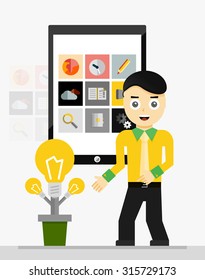 Concepto de la idea de inicio de aplicaciones móviles. Joven empresario que muestra una planta creciente de bombillas. Ilustración del vector