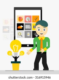 Mobile app startup idea concept. Young businessman showing growing plant of light bulbs. Vector illustration