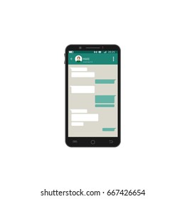 Mobile app for talking. User talking to another person. Speech bubbles on phone screen. User avatar, text bubbles and user interface. Flat style vector illustration.