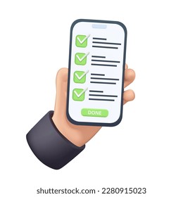 Mobile app task manager 3D render icon. Hand holding phone with todo check list. Results report for education exam, assigment project management. Checklist pattern 3D planner vector illustration