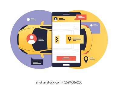 Mobile app for taxi call vector illustration. Modern application for handier use flat style design. Yellow car and location information. Urban taxi service and transport concept