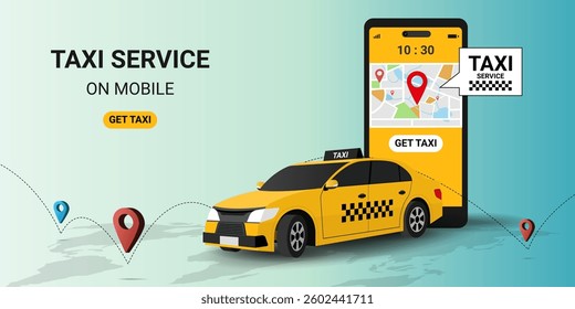 Mobile app taxi service with yellow taxi cab and location or navigation city map. Call car. Map and route pin. Find a taxi driver online. Public transport. Order taxi service. Vector illustration