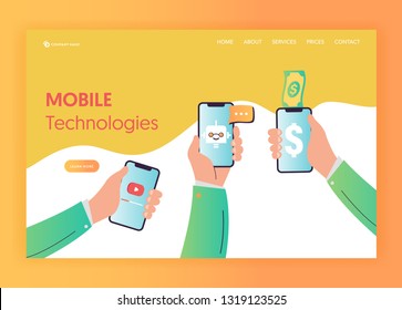 Mobile App Technologies Landing Page Template. Hand with Smartphone Mobile Services Concept. Internet Banking, E-mail for Website Banner. Vector illustration