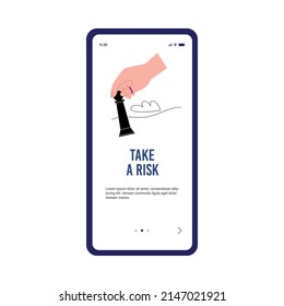 Mobile app template about business risk flat style, vector illustration isolated on white background. Hand holds black pawn and makes move, place for text. Business concept, metaphor