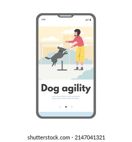 Mobile app template about dog agility flat style, vector illustration isolated on white background. Girl teaches her pet do jump command, obstruction, outdoor. Dog training concept