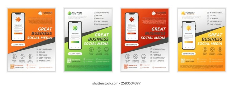 Mobile app template flyer. Promotion poster. Social media application. Book cover design. Smartphone screen. Brochure abstract business concept. Phone digital creative. Vector garish ad banners set