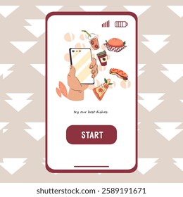  Mobile app template  for food delivery, vector illustration isolated on white background. App or website  homepage for takeaway, delivery and takeout services.