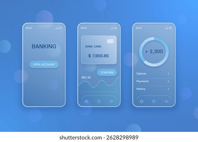 Mobile app template in the form of glass smartphones in the style of glass morphism isolated on a blue background with geometric shapes. Vector 3D illustration.