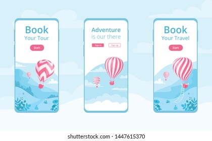 Plantilla de aplicación móvil con conjunto de ilustración vectorial de globo de aire caliente. Servicio de reservas en línea de viajes, concepto de aplicación de libro de aventuras en la pantalla de teléfono móvil con globo de aire caliente rojo en el paisaje de montaña azul