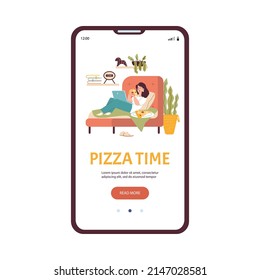 Mobile app template with image of girl eating pizza on sofa flat style, vector illustration isolated on white background. Pizza home concept, tired young woman with laptop eats junk food