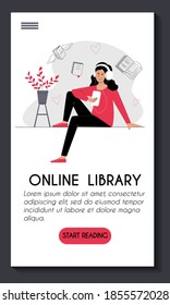 Mobile app template. Online library e learning. Young cute woman in headphones with a smartphone listens to audio books. Website home page design. Stock vector modern flat concept illustration.
