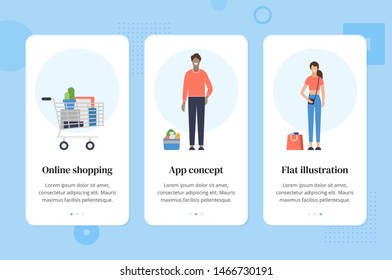  Plantilla de aplicación móvil. Conjunto de ilustraciones vectoriales de compras en línea. Diseño plano con diversos caracteres, buenos para la página web, página de inicio, diseño de la aplicación. Carrito de compras, bolsa de compras, comestibles.