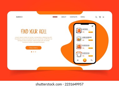 Mobile app template with sashimi menu. Landing page template with Asian food. Sushi store homepage. Online delivery seafood. 