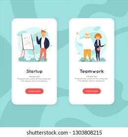 Mobile app template. Startup, teamwork. Flat design vector illustration