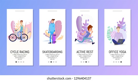 Mobile app templates, cycling, skateboarding, yoga in the office characters flat style