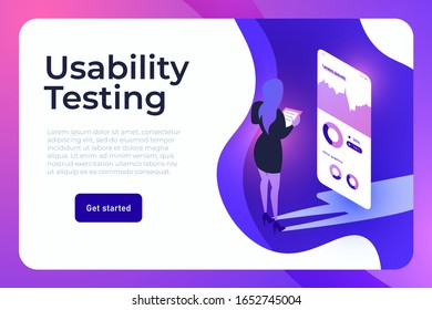 Mobile app testing. Business woman testing usability of application on a big mobile phone isometric screen.
