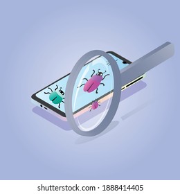 Mobile app testing illustration. The illustration shows the phone in isometric view, the phone has bugs and a magnifying glass. As a symbol of phone testing. 