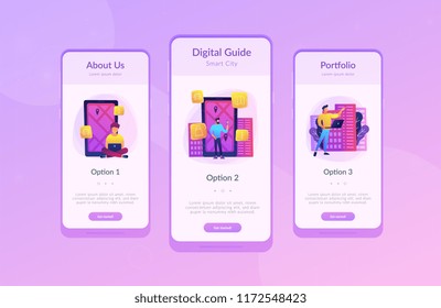 Diseño de ui para aplicaciones móviles. Hombre cerca de la pantalla con el mapa de la ciudad y las etiquetas gps en la pantalla obteniendo información de la ciudad. Centro móvil, IoT, concepto de ciudad inteligente. Ilustración conceptual de vectores sobre fondo ultravioleta.
