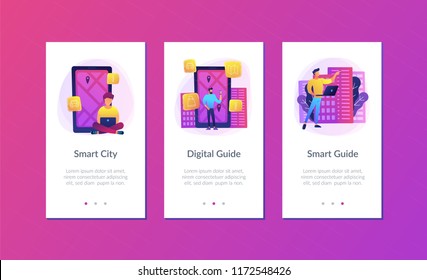 Mobile app ui design. Man near screen with city map and gps tags on the screen getting city information. Mobile center, IoT, smart city concept. Vector concept illustration on ultraviolet background.