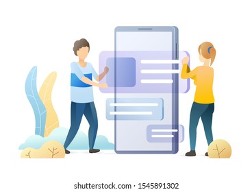 Mobile app UI development flat vector illustration. Professional graphic designers working together cartoon characters. Phone application user interface creation. Software engineering, teamwork.