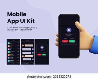 Mobile App UI Kit Including as Call Details, Message and Incoming Calls Accept and Reject Button on Screen of Smartphone. 