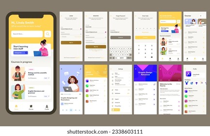 Mobile App UI Kit Including as Sign In, Sign Up, Forgot Password, Various Courses Screens for Online Learning and Classes Concept.