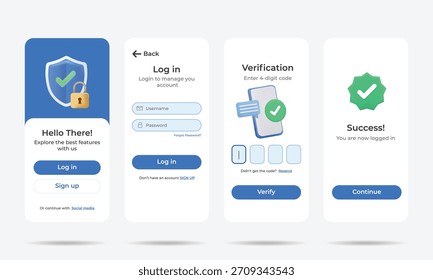 Mobile app UI kit for login and authentication. 4 screens Welcome, Sign in, OTP Verification, and Success. Features cute 3D security icons (shield, lock). Ideal for app interface design.