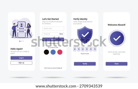 Mobile app UI kit for login and registration. Flat vector style screens Welcome onboarding, Sign in form, OTP Verification, and Success. Features modern character illustrations. Ideal for startups.