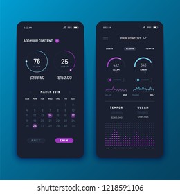 Mobile App UI and UX concept. Vector Mockup user activity and charts on smartphone screen.