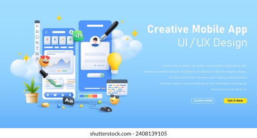 Ilustración de concepto de diseño de interfaz de usuario de la aplicación móvil UX y desarrollo de codificación Fondo
