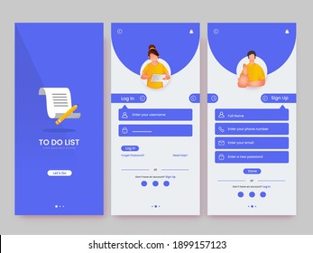 Mobile App UI, UX, GUI Set Of User Registration Daily Work List Screen With Login, Password Input, Account Sign In, Sign Up, Home Page.