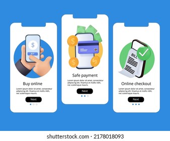 Mobile app UI, UX interface screens set. 3D vector onboarding. Online payment app mockup, template. Online shopping onboarding, ecommerce UI kit. Pay online. Online money payment protection security