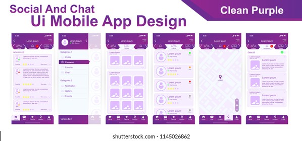 Interfaz de usuario de aplicación móvil, diseño de materiales UX de la interfaz de usuario de Social Chat con menú hamburguesa, mapa, notificación, pantalla de inicio, favorito, perfil. Limpiar tema de color púrpura. Plantilla EPS10 del vector.