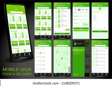 Mobile app UI, UX materials design user interface with screens of food menu, payment, map, delivery status, setting, notification and search. Vector EPS10 template.