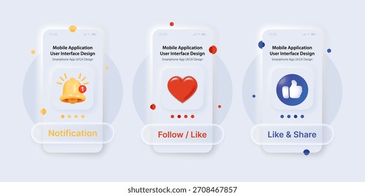 Mobile App UI and UX Templates with Neomorphism White Buttons – 3D Smartphone Interface Featuring Notification, Like, Follow Icons – Modern Social Media Vector Design