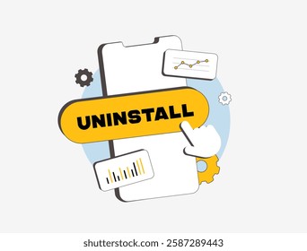 Mobile app uninstall rate affects user retention and engagement. Tracking uninstall analytics helps optimize app performance, reduce churn, improve mobile app marketing strategies vector illustration