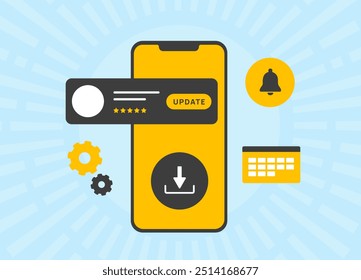 Mobile app update with software upgrade, new features, bug fixes and app improvement. User interface refresh, push notifications with enhanced performance and app store download. Vector illustration