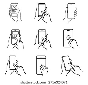 Ilustración de la interacción del usuario del App móvil que muestra los gestos de la mano del teléfono inteligente para el diseño de UI UX y la incorporación del Producto