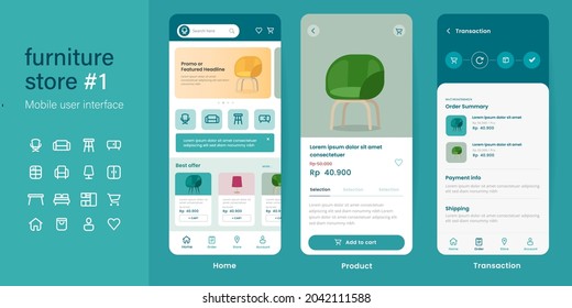 Mobile app user interface UI kit UX of furniture shop online store e-commerce website layout smartphone mockup in vector 